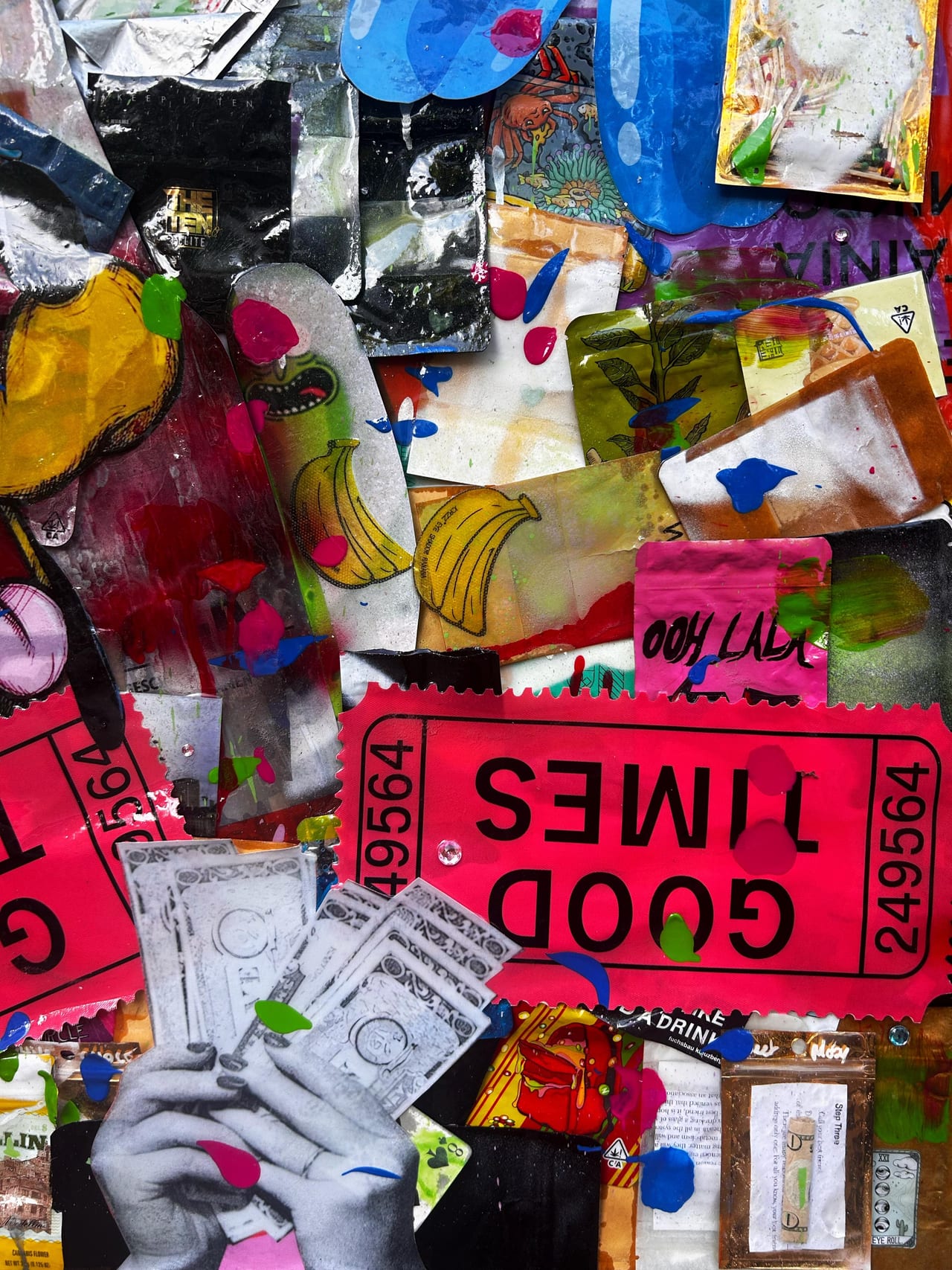 Detail · upside-down ticket and fake money